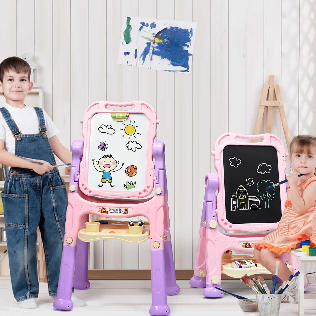 Costway Height Adjustable Kids Art Easel Magnetic Double Sided Board w/ Accessories Pink\Blue